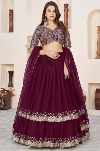 wine sequins georgette indian designer wedding lehenga dress