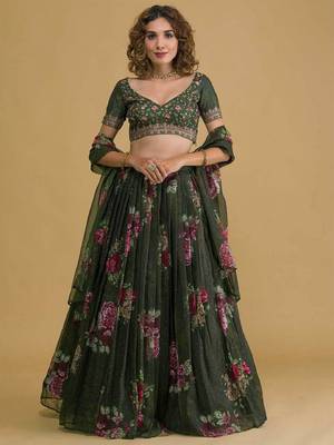 Stunning green floral digital organza festival wedding lehenga choli 1