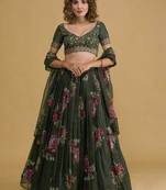 Stunning green floral digital organza festival wedding lehenga choli