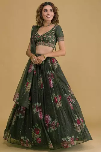 Stunning green floral digital organza festival wedding lehenga choli