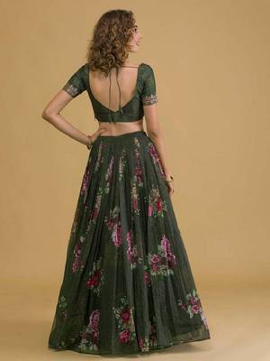 Stunning green floral digital organza festival wedding lehenga choli 4