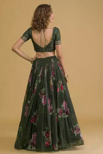 Stunning green floral digital organza festival wedding lehenga choli