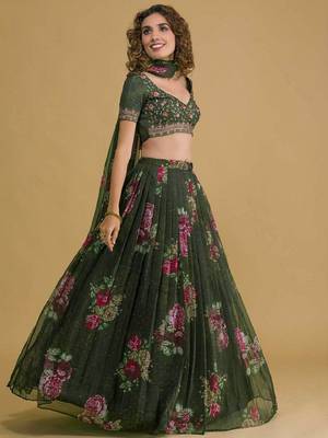 Stunning green floral digital organza festival wedding lehenga choli 5