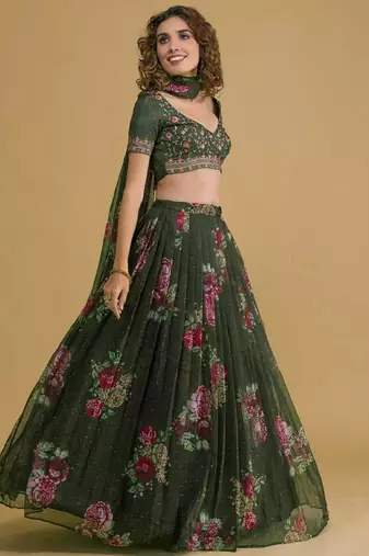 Stunning green floral digital organza festival wedding lehenga choli