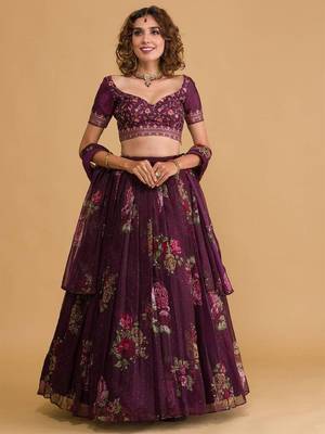 Stunning purple floral digital printed organza wedding wear lehenga with embroidered choli 1