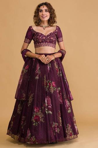 Stunning purple floral digital printed organza wedding wear lehenga with embroidered choli
