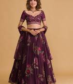 Stunning purple floral digital printed organza wedding wear lehenga with embroidered choli