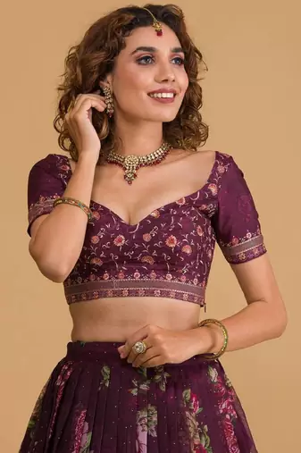 Stunning purple floral digital printed organza wedding wear lehenga with embroidered choli