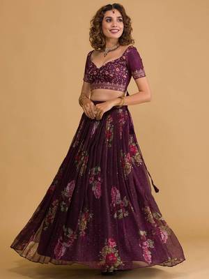 Stunning purple floral digital printed organza wedding wear lehenga with embroidered choli 3