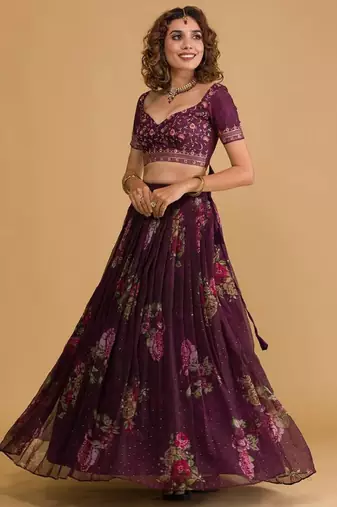 Stunning purple floral digital printed organza wedding wear lehenga with embroidered choli