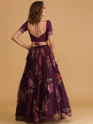 Stunning purple floral digital printed organza wedding wear lehenga with embroidered choli 4