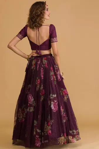 Stunning purple floral digital printed organza wedding wear lehenga with embroidered choli