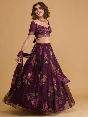 Stunning purple floral digital printed organza wedding wear lehenga with embroidered choli 5