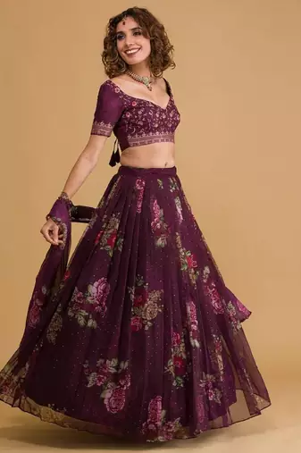 Stunning purple floral digital printed organza wedding wear lehenga with embroidered choli