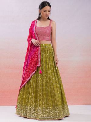  Green Sequins Embroidered Georgette Indian Wedding Haldi Wear Lehenga 1
