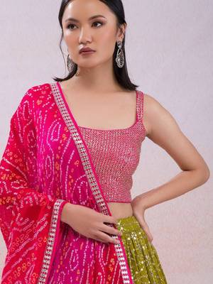  Green Sequins Embroidered Georgette Indian Wedding Haldi Wear Lehenga 2
