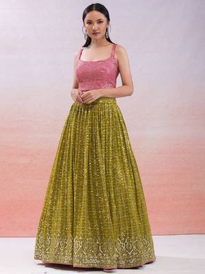  Green Sequins Embroidered Georgette Indian Wedding Haldi Wear Lehenga 3