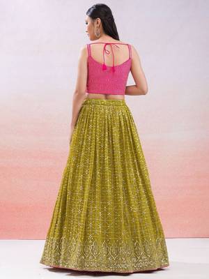  Green Sequins Embroidered Georgette Indian Wedding Haldi Wear Lehenga 4