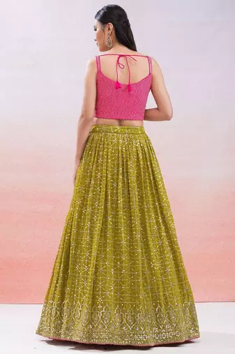  Green Sequins Embroidered Georgette Indian Wedding Haldi Wear Lehenga