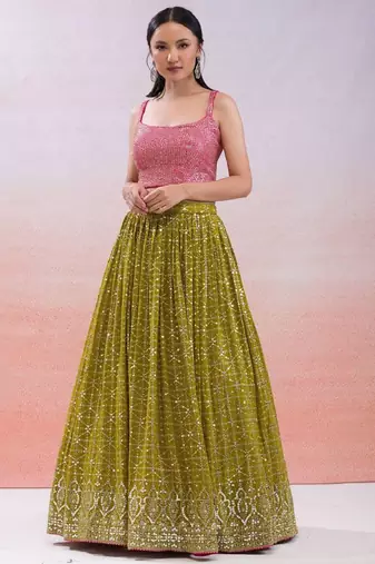  Green Sequins Embroidered Georgette Indian Wedding Haldi Wear Lehenga
