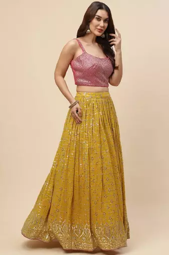  Mustard Sequins Embroidered Georgette Indian Wedding Haldi Wear Lehenga Choli