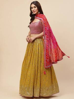  Mustard Sequins Embroidered Georgette Indian Wedding Haldi Wear Lehenga Choli 3