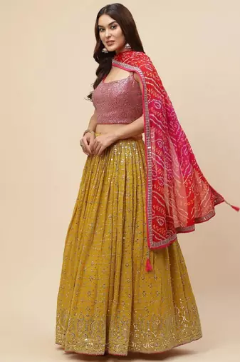  Mustard Sequins Embroidered Georgette Indian Wedding Haldi Wear Lehenga Choli