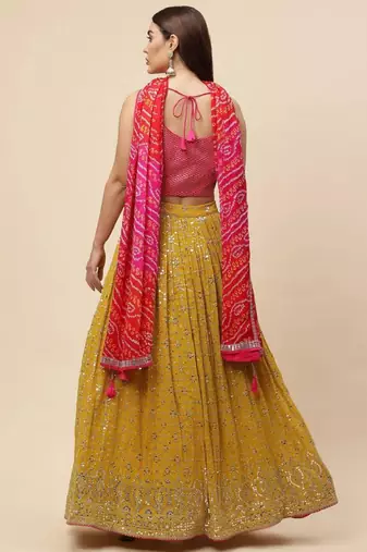  Mustard Sequins Embroidered Georgette Indian Wedding Haldi Wear Lehenga Choli