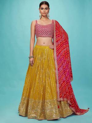 Alluring Yellow Sequins Embroidered Georgette Indian Marriage Haldi Wear Lehenga Choli With Dupatta 1