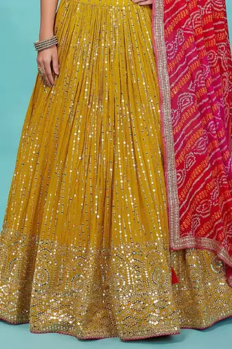 Alluring Yellow Sequins Embroidered Georgette Indian Marriage Haldi Wear Lehenga Choli With Dupatta