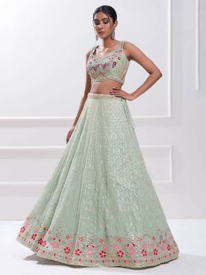 Light-Green Sequins Georgette Traditional Lehenga Choli Net Lehenga 2