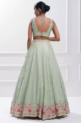  Light-Green Sequins Georgette Traditional Lehenga Choli Net Lehenga