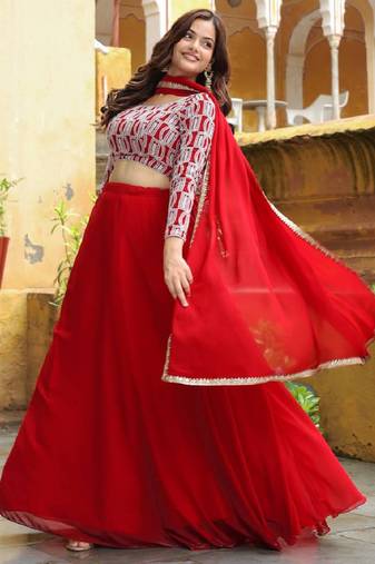  Red Embroidered Georgette Indian Wedding Wear Lehenga Choli Dress Designs