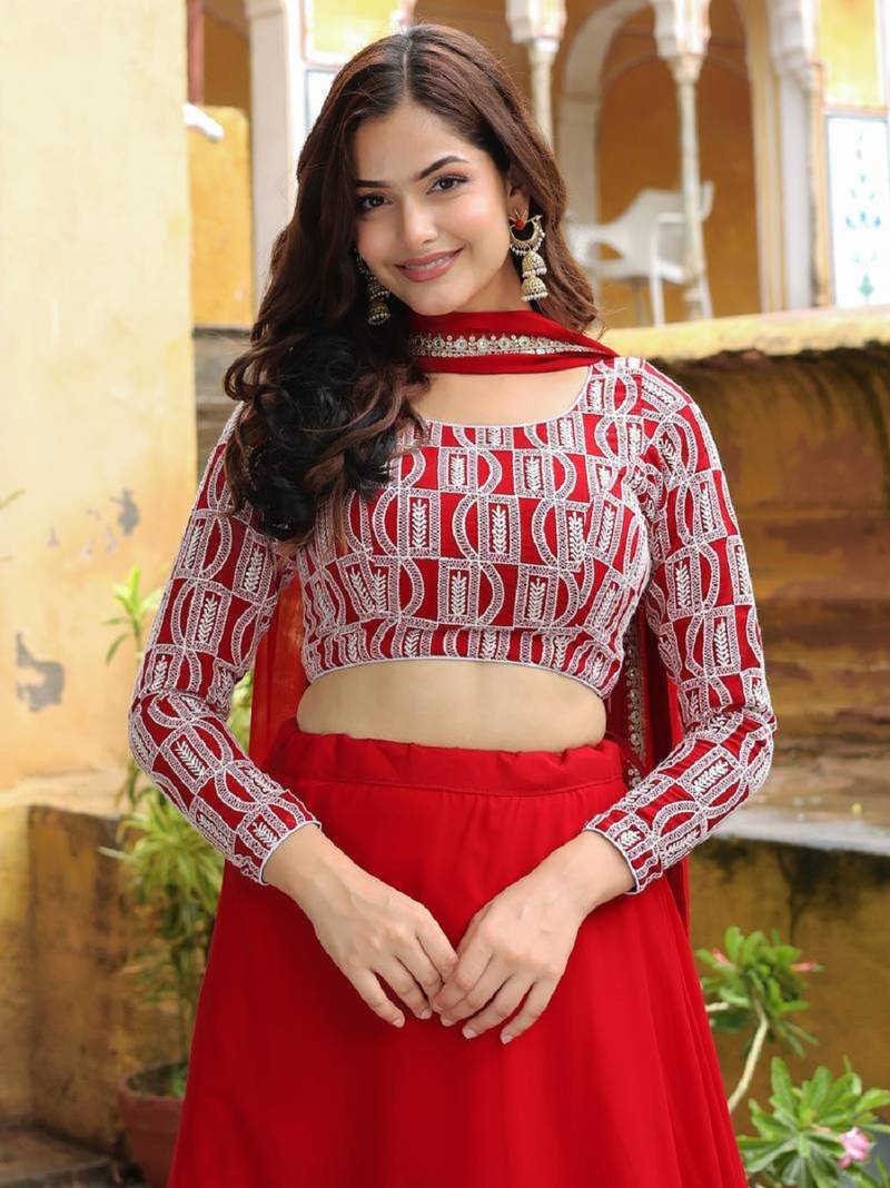  Red Embroidered Georgette Indian Wedding Wear Lehenga Choli Dress Designs
