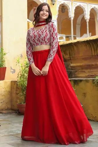  Red Embroidered Georgette Indian Wedding Wear Lehenga Choli Dress Designs