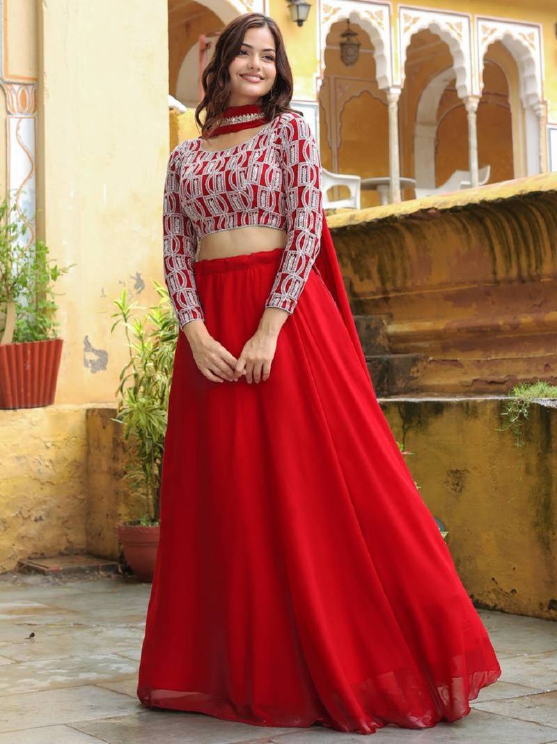  Red Embroidered Georgette Indian Wedding Wear Lehenga Choli Dress Designs