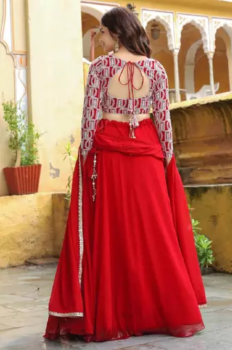  Red Embroidered Georgette Indian Wedding Wear Lehenga Choli Dress Designs