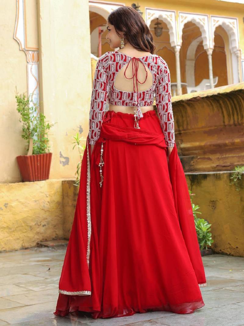  Red Embroidered Georgette Indian Wedding Wear Lehenga Choli Dress Designs