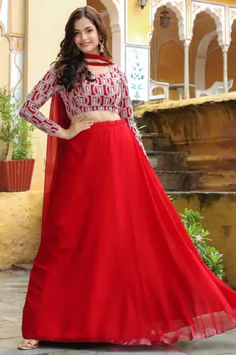  Red Embroidered Georgette Indian Wedding Wear Lehenga Choli Dress Designs