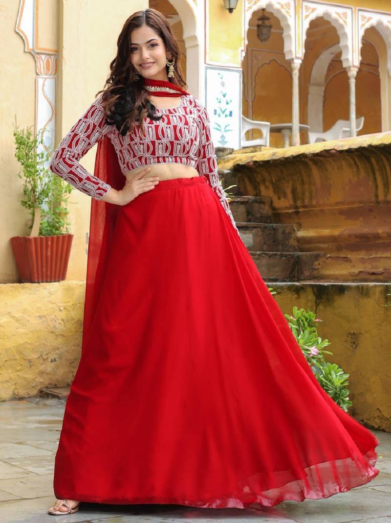  Red Embroidered Georgette Indian Wedding Wear Lehenga Choli Dress Designs