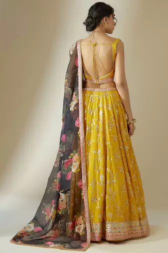 Yellow Georgette Sequins Lehenga Choli