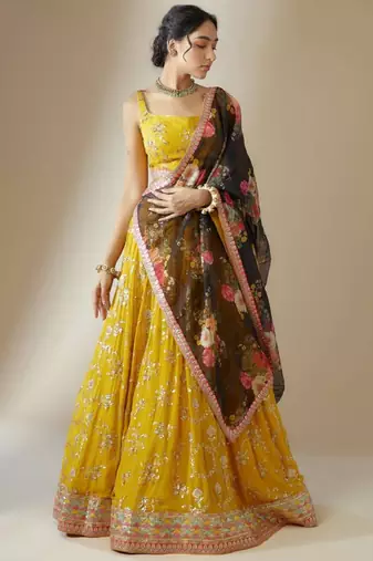 Yellow Georgette Sequins Lehenga Choli