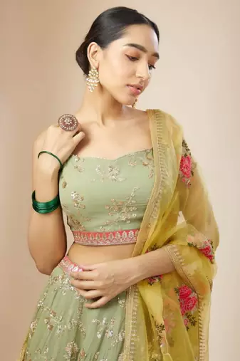  Light-Green Sequins Embroidered Georgette Indian Wedding Wear Lehenga Choli