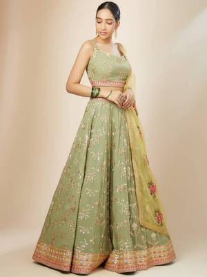 Light-Green Sequins Embroidered Georgette Indian Wedding Wear Lehenga Choli 3
