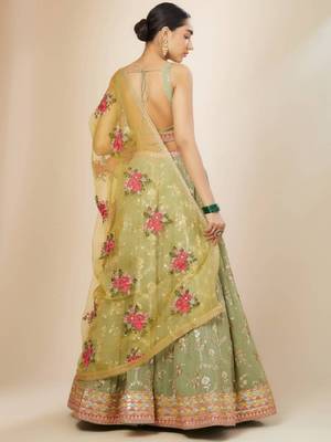  Light-Green Sequins Embroidered Georgette Indian Wedding Wear Lehenga Choli 4