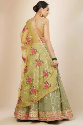 Light-Green Sequins Embroidered Georgette Indian Wedding Wear Lehenga Choli