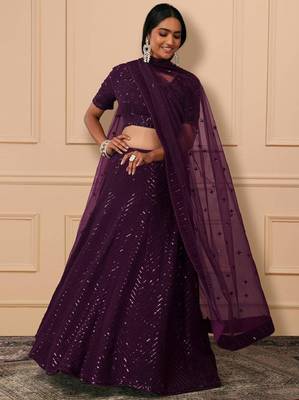 Awesome Purple Sequins Embroidered Georgette Designer Indian Lehenga Dress 1