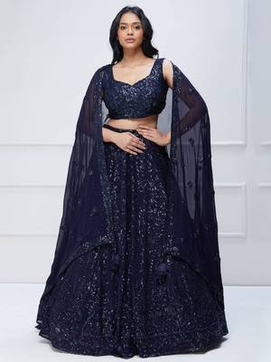  Navy Blue Sequins Embroidered Georgette Party Wear Indian Lehenga Dress 1