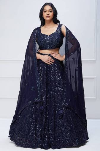  Navy Blue Sequins Embroidered Georgette Party Wear Indian Lehenga Dress