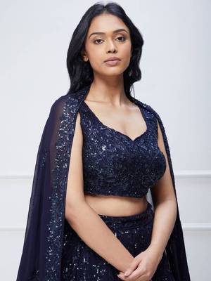  Navy Blue Sequins Embroidered Georgette Party Wear Indian Lehenga Dress 2